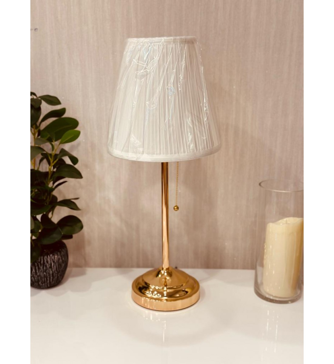 Golden table lamp with a steel base - white fabric, 55 cm