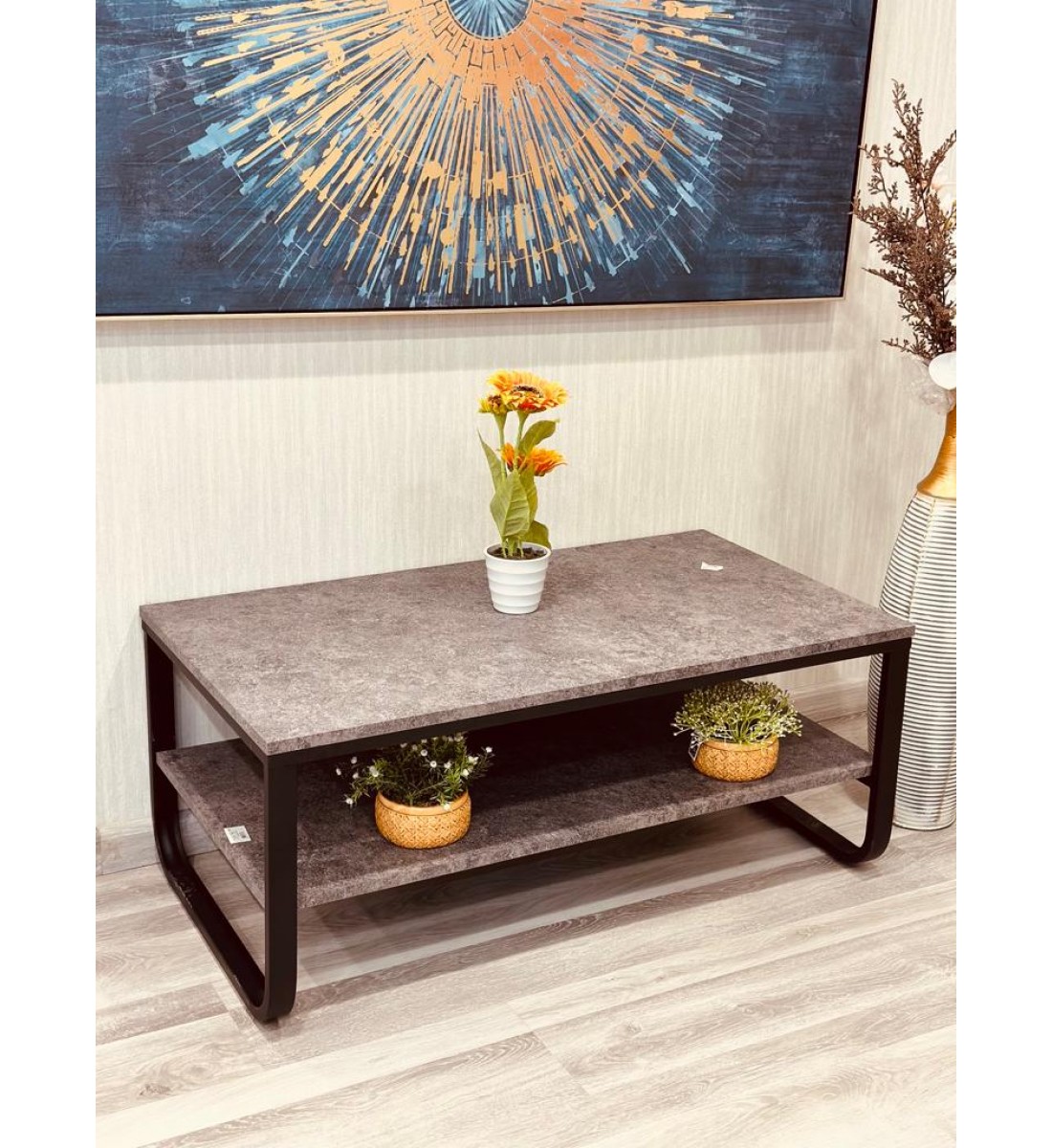 Brown wooden tea service table, 2 floors, with an iron base, 120 * 60 * 44 cm