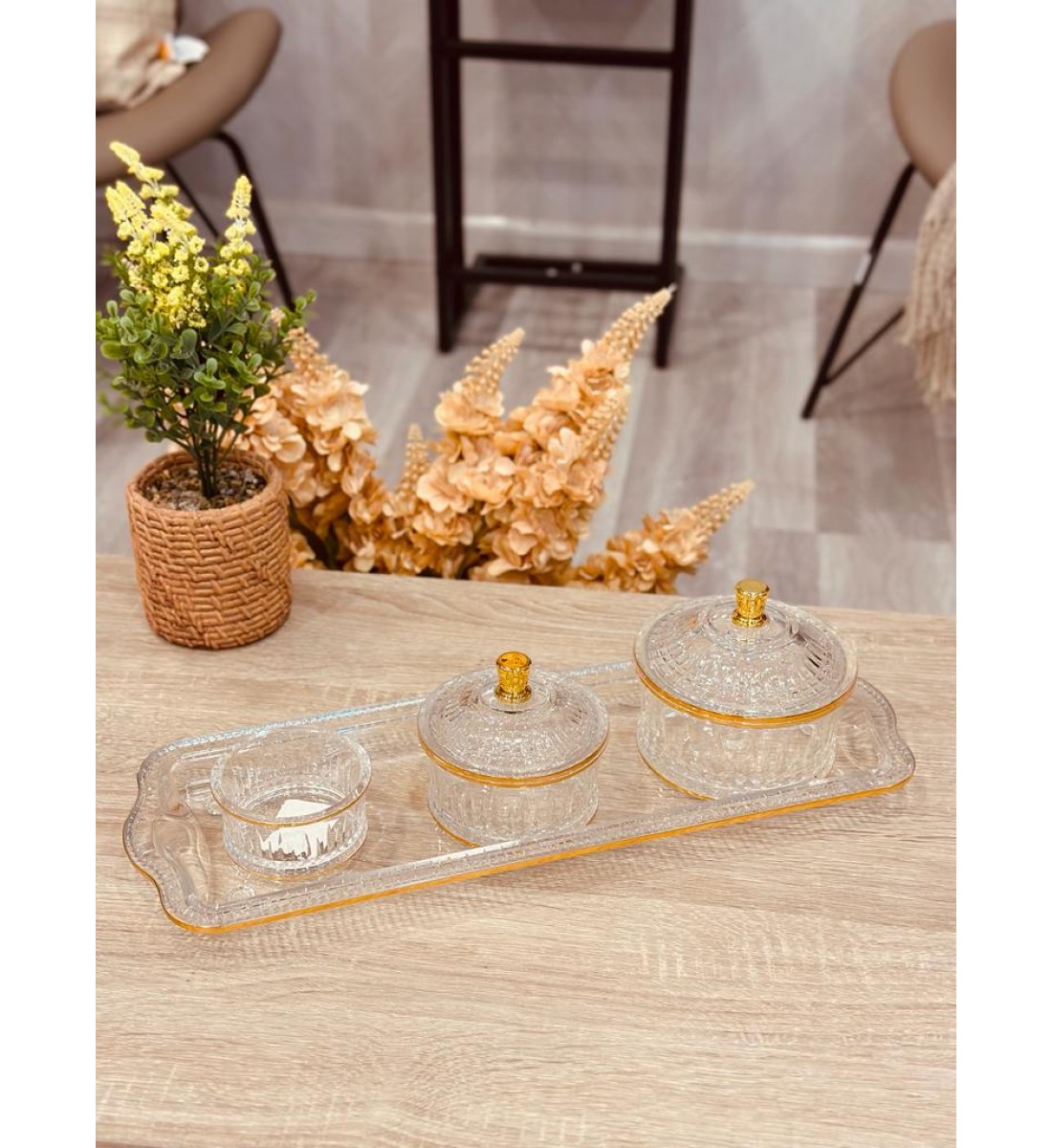طقم تمرية مع صينية - اكريلك شفاف مذهب 40*15سم 