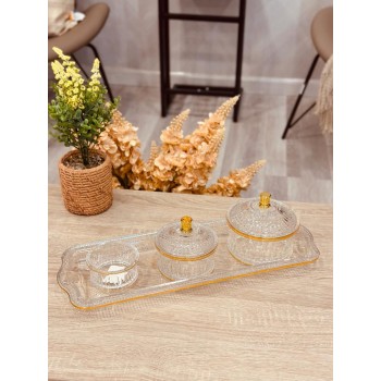 طقم تمرية مع صينية - اكريلك شفاف مذهب 40*15سم 