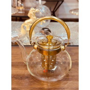 ابريق زجاج شفاف بغطا ومسكة استيل ذهبي بمصفي 1.4 لتر
