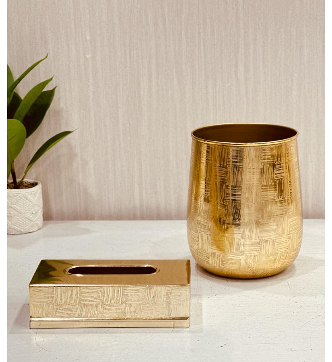 طقم سلة مهملات مع علبة مناديل استيل ذهبي خامة ثقيلة