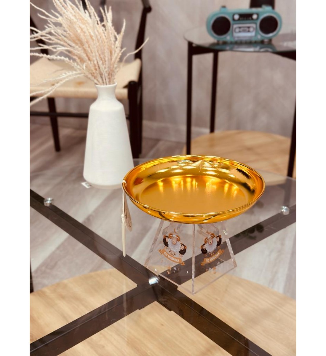 صحن تقديم استيل دائري بقاعدة اكريلك بنقشة خروف العيد ـ متين وخامة ثقيلة صحن تقديم استيل دائري بقاعدة اكريلك بنقشة خروف العيد ـ متين وخامة ثقيلة