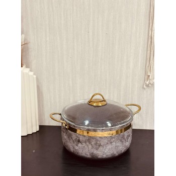 قدر المنيوم لون رمادي منقط بغطاء زجاج ومسكة ذهبي خامة ثقيلة 28cm