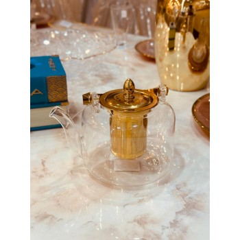 ابريق زجاج شفاف بغطا ومسكة استيل ذهبي بمصفي 1.0 لتر