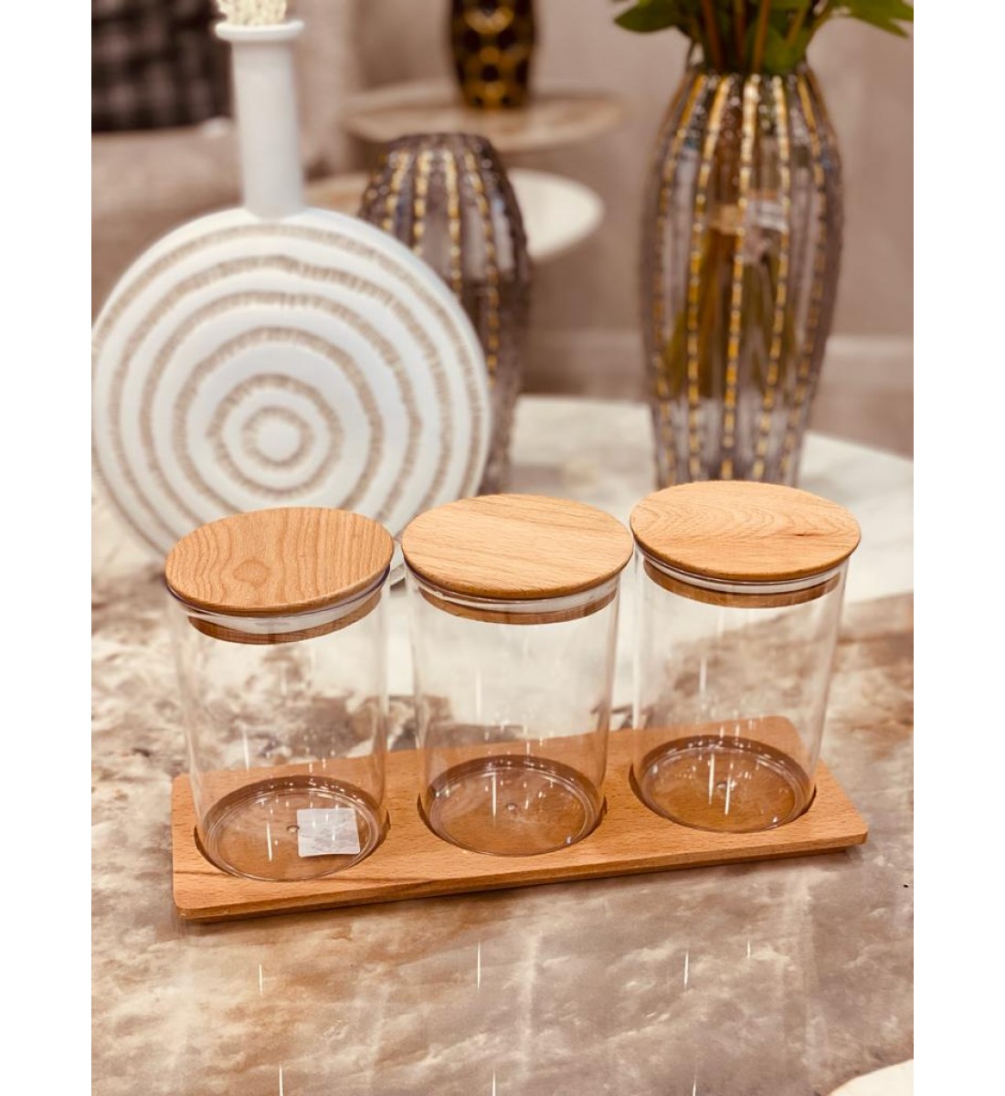 Acrylic spice boxes set with wooden base 4 pieces