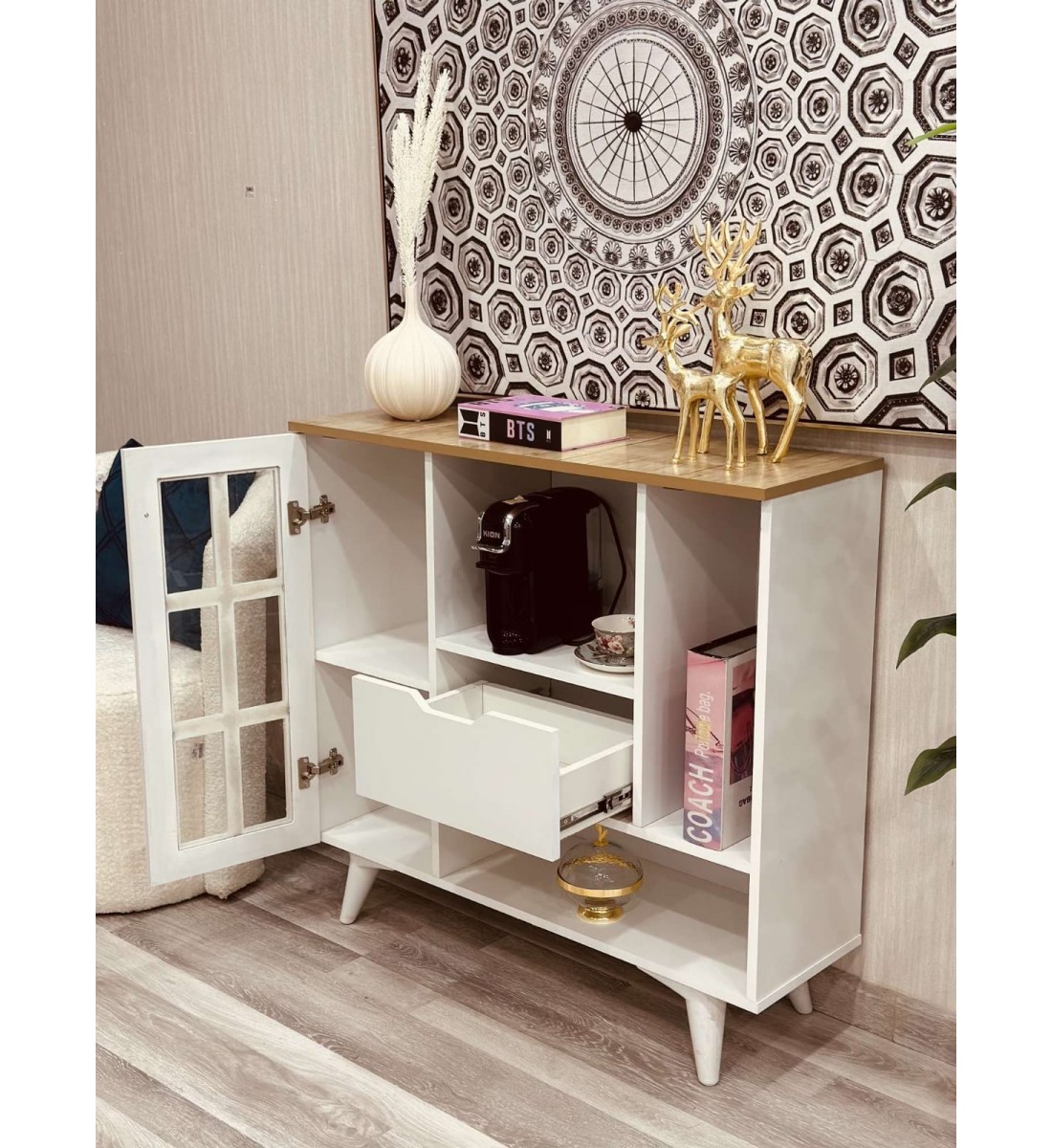 ركن كوفي خشبي ابيض بدرج تخزين 100*33*95 سم