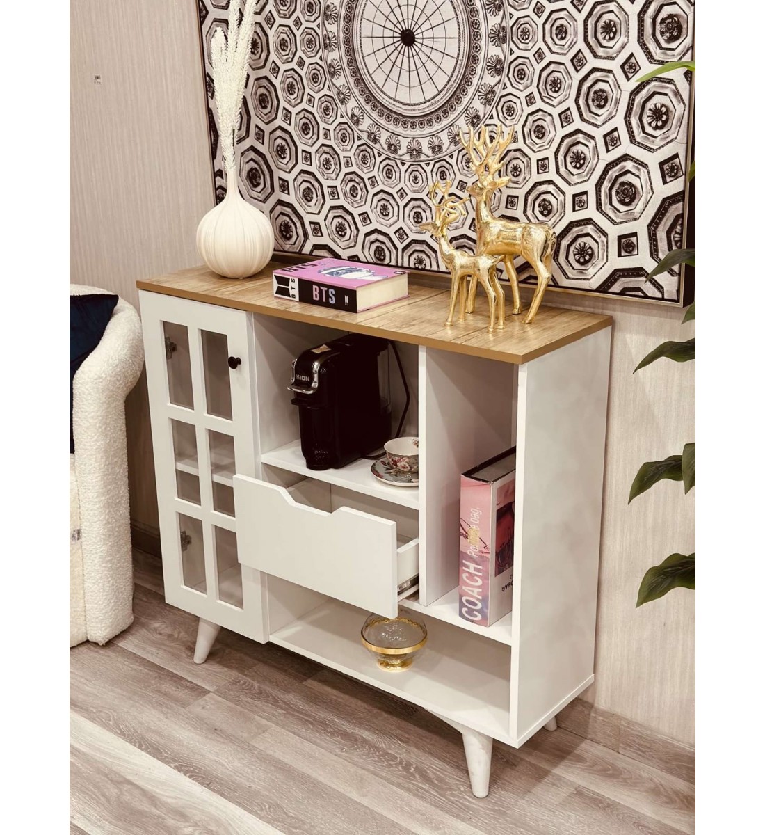 ركن كوفي خشبي ابيض بدرج تخزين 100*33*95 سم