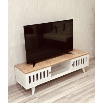 طاولة بلازما خشبي طبيعي - ابيض بسطح خشبي (145*40*43)سم