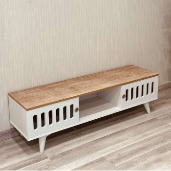 طاولة بلازما خشبي طبيعي - ابيض بسطح خشبي (145*40*43)سم