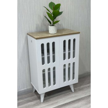 دولاب احذية خشب  2 باب ابيض بسطح لون خشبي  مقاس 60*90سم 