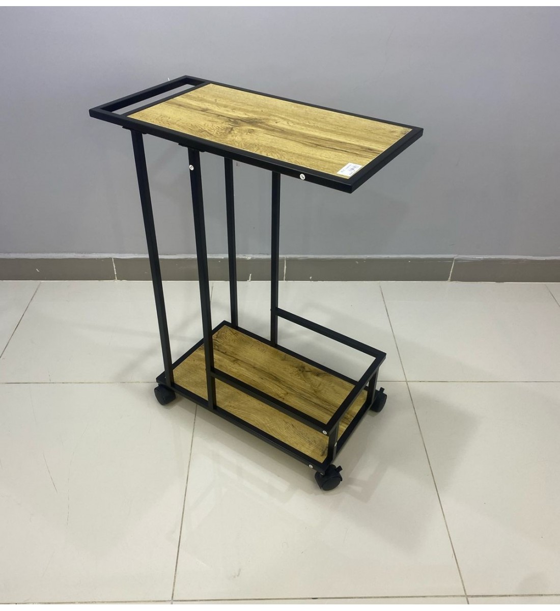 Wooden serving cart, gray color, with black iron edges, 2 floors, with easy-to-move wheels (60 * 80) cm