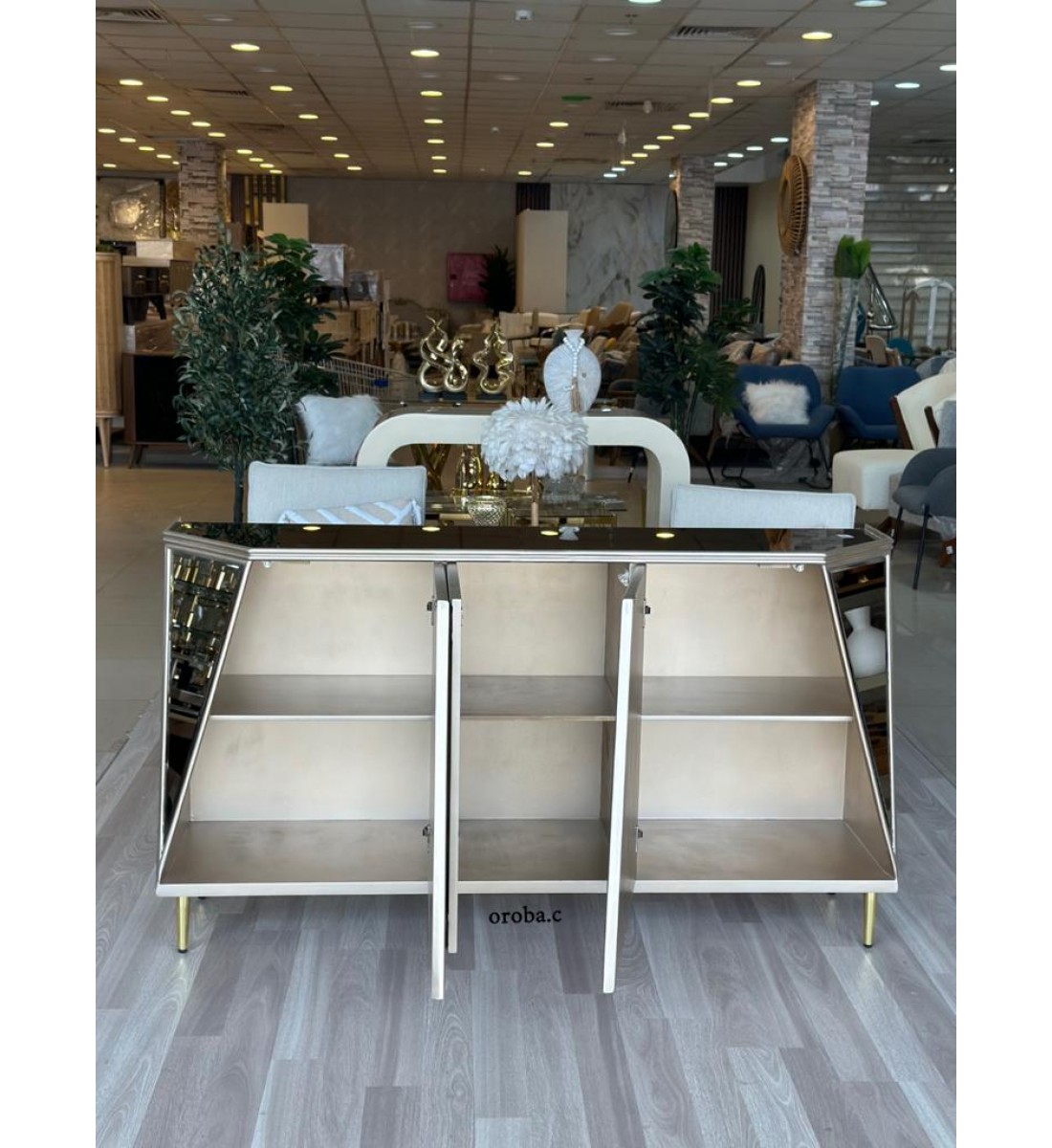 Wooden entrance table with silver mirror glass, modern and elegant shape, size (160*93) cm