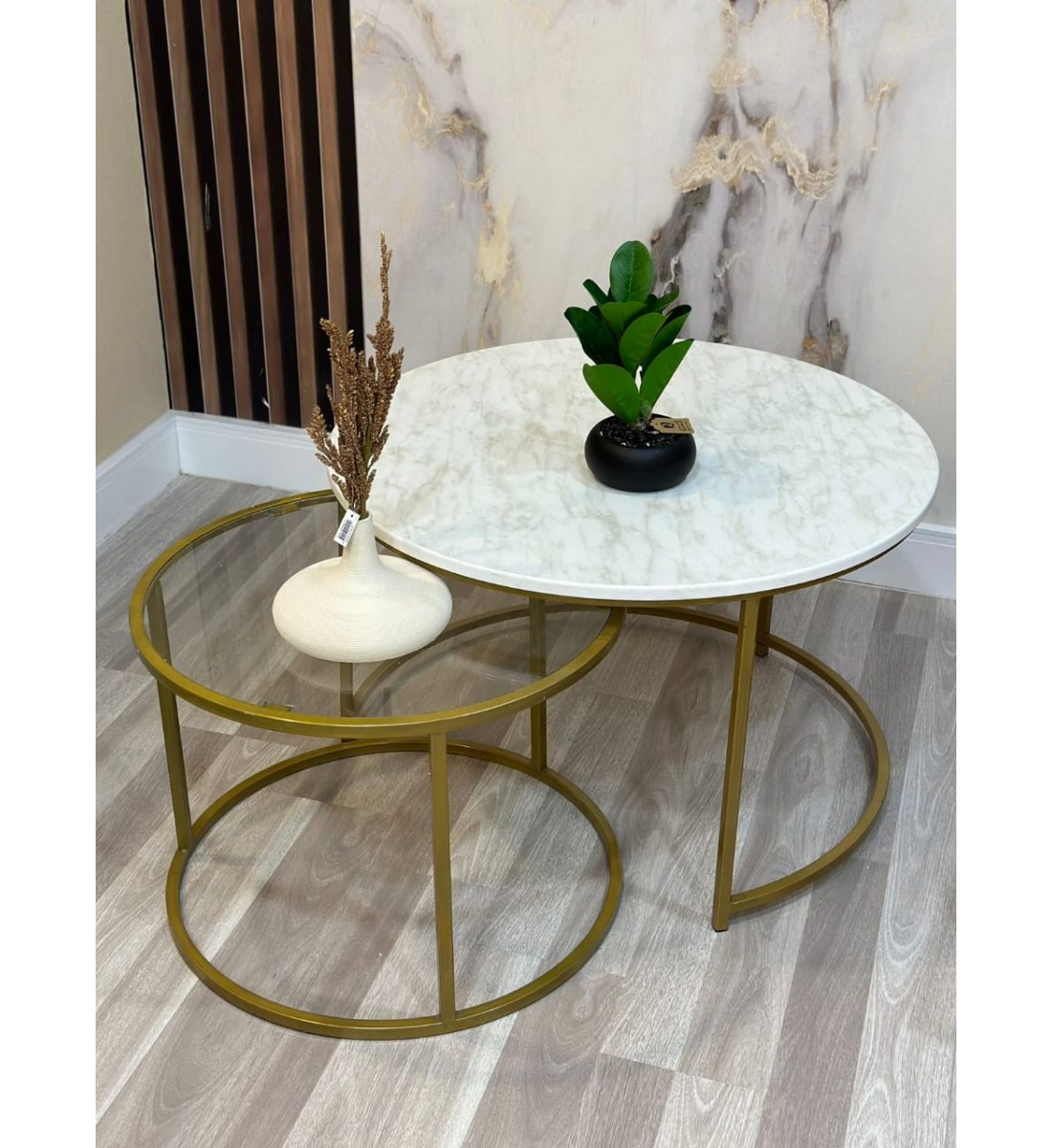 A set of glass and wooden serving tables with iron bases, 2 pieces