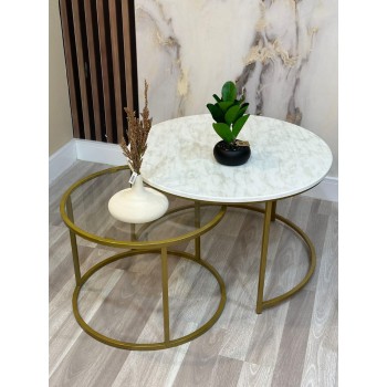 طقم طاولات تقديم خدمة زجاج وخشبي ` بقواعد حديد ذهبي 2 قطع 