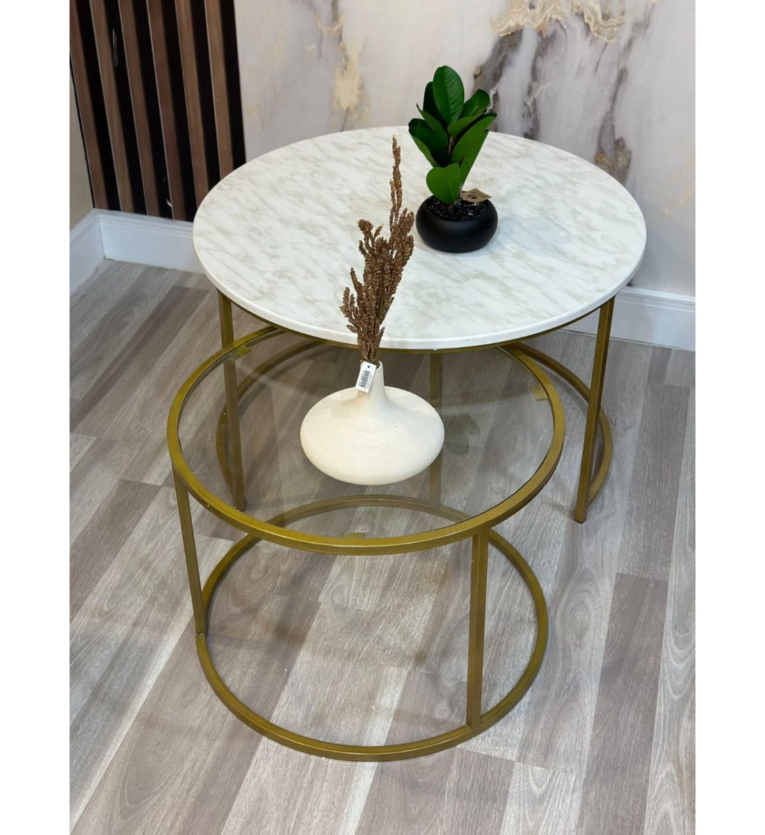 A set of glass and wooden serving tables with iron bases, 2 pieces