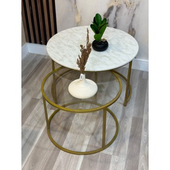 طقم طاولات تقديم خدمة زجاج وخشبي ` بقواعد حديد ذهبي 2 قطع طقم طاولات تقديم خدمة زجاج وخشبي ` بقواعد حديد ذهبي 2 قطع