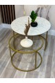 A set of glass and wooden serving tables with iron bases, 2 pieces
