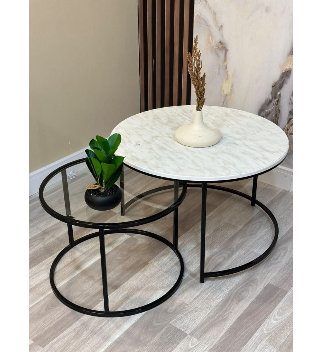 A set of glass and wooden serving tables with iron bases,2 pieces