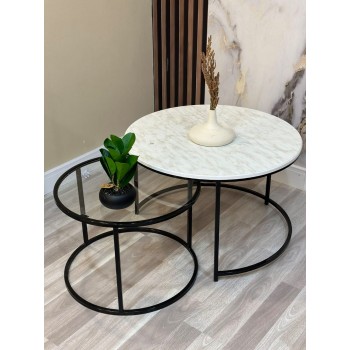 طقم طاولات تقديم خدمة زجاج وخشبي بقواعد حديد  اسود2 قطع 