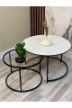 A set of glass and wooden serving tables with iron bases,2 pieces