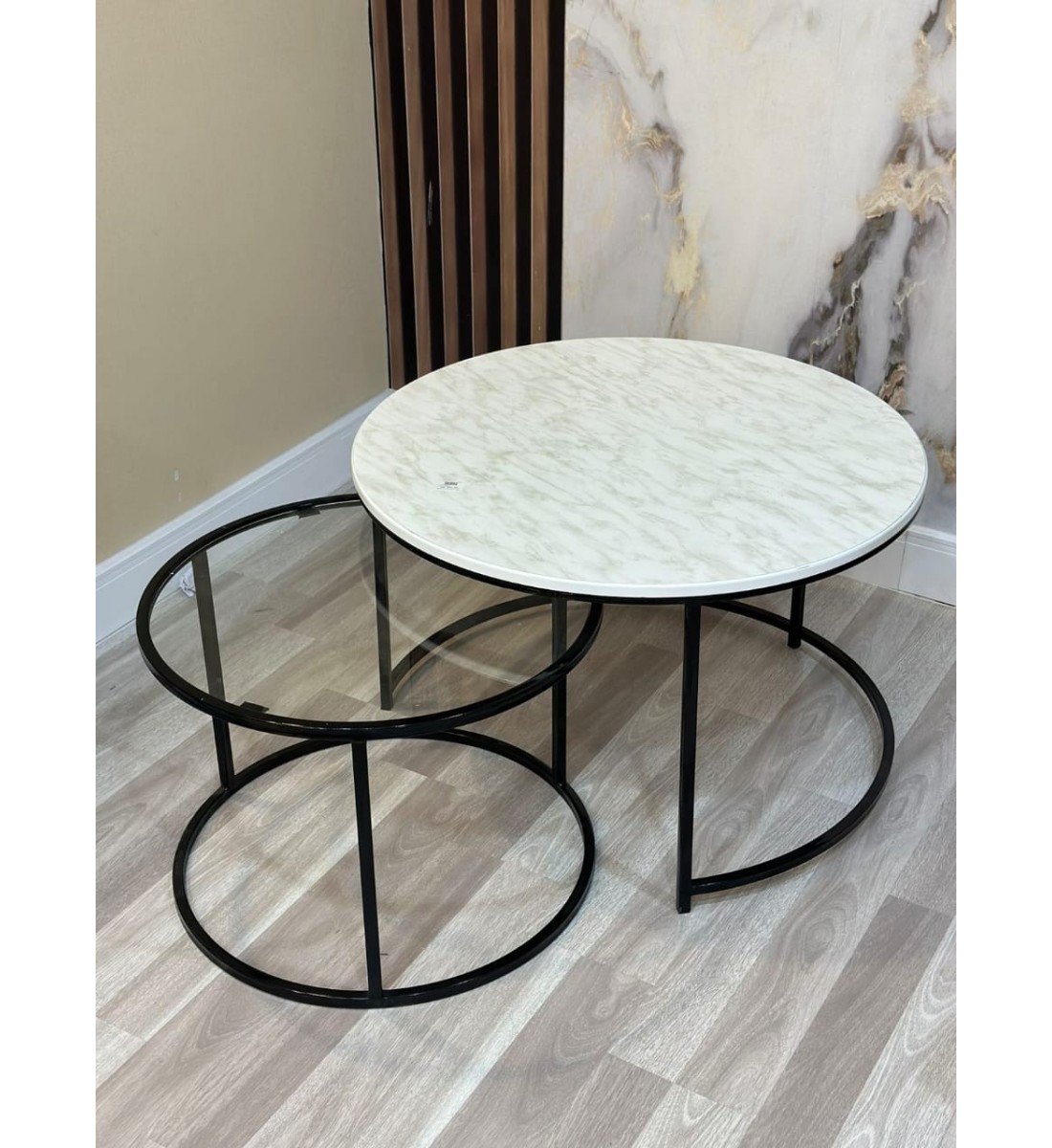 A set of glass and wooden serving tables with iron bases,2 pieces