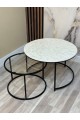 A set of glass and wooden serving tables with iron bases,2 pieces