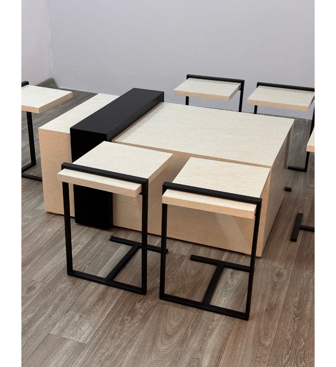 طقم طاولة خدمة خشبي بديل رخام مستطيل سنديان اسود 7 قطعة 