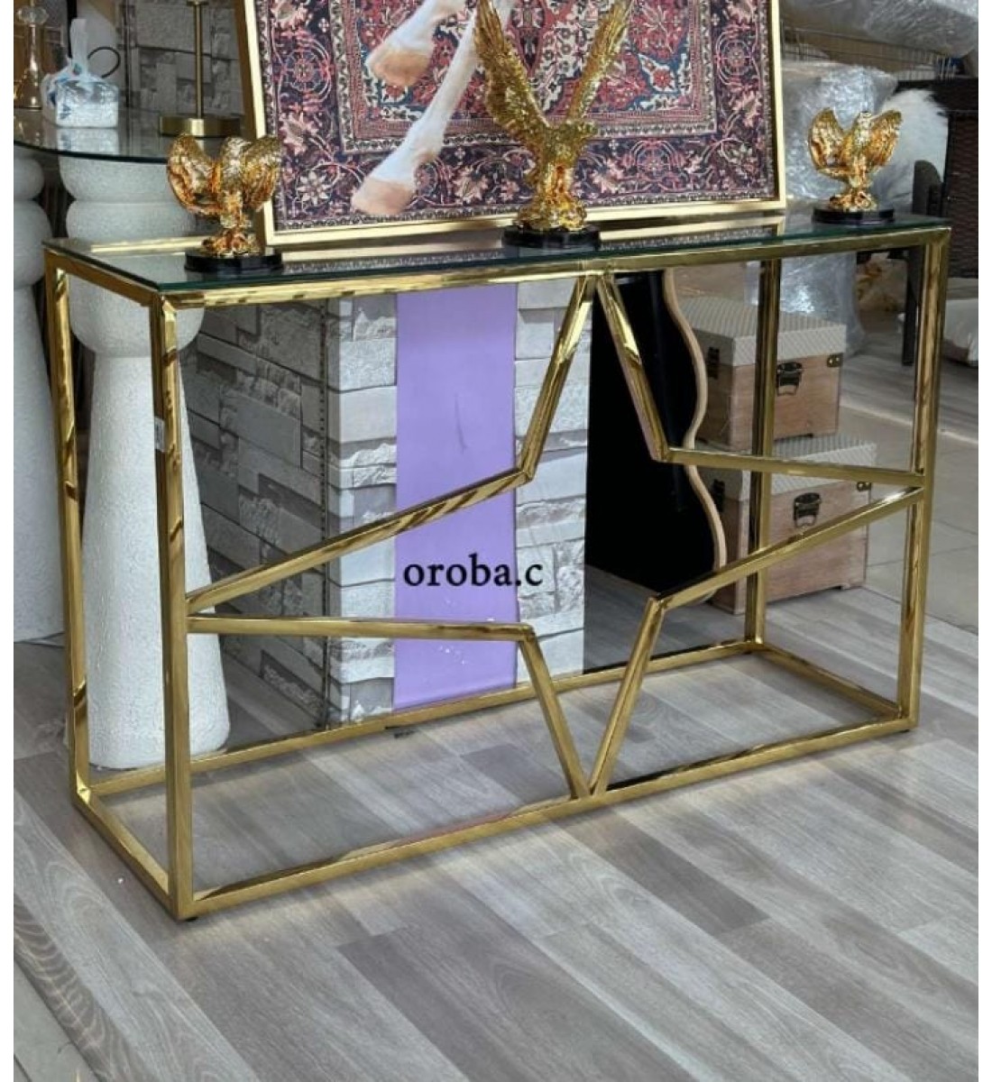  طاولة مدخل استيل مع سطح الطاولة زجاج   لون ذهبي مقاس (120*40*80)سم
