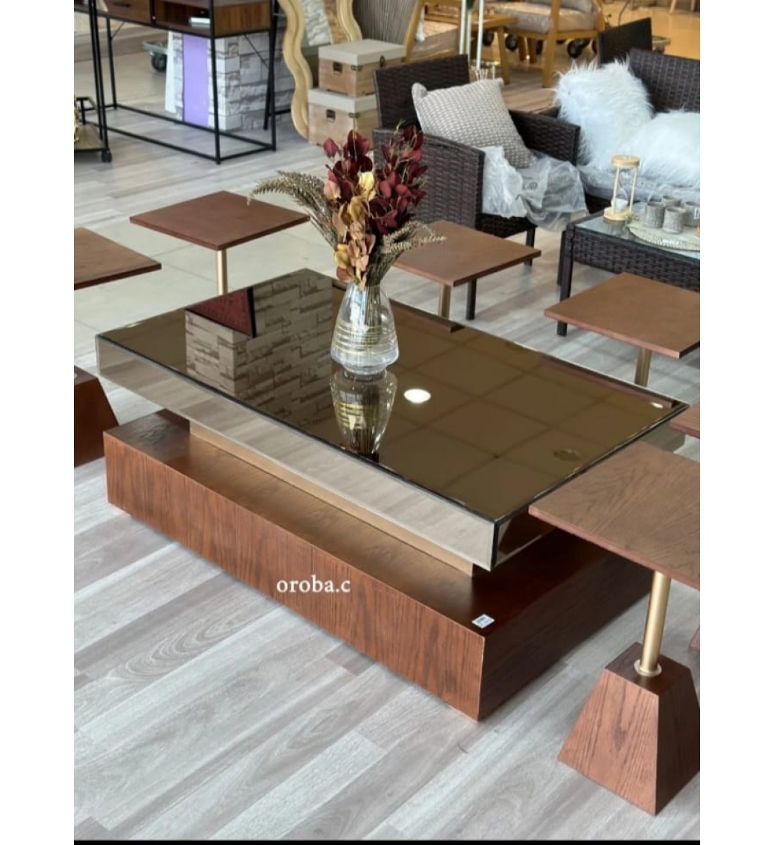 طقم طاولة خدمة خشبي لون بني مرايا مستطيل 7 قطعة طقم طاولة خدمة خشبي لون بني مرايا مستطيل 7 قطعة