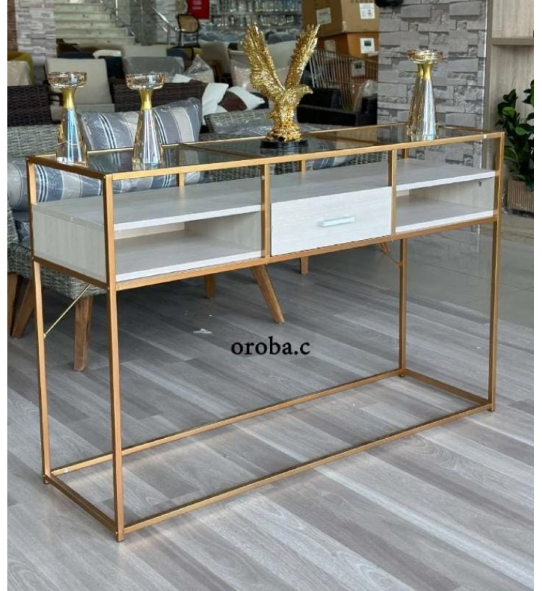 طاولة مدخل حديد ذهبي مع ابيض سطح  زجاج  شكل حديث بتصميم عصري  مقاس (130*40*85)سم