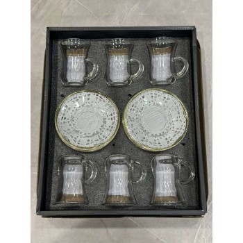  طقم بيالات شاي زجاج بصحن النقشة ذهبي 12قطعة