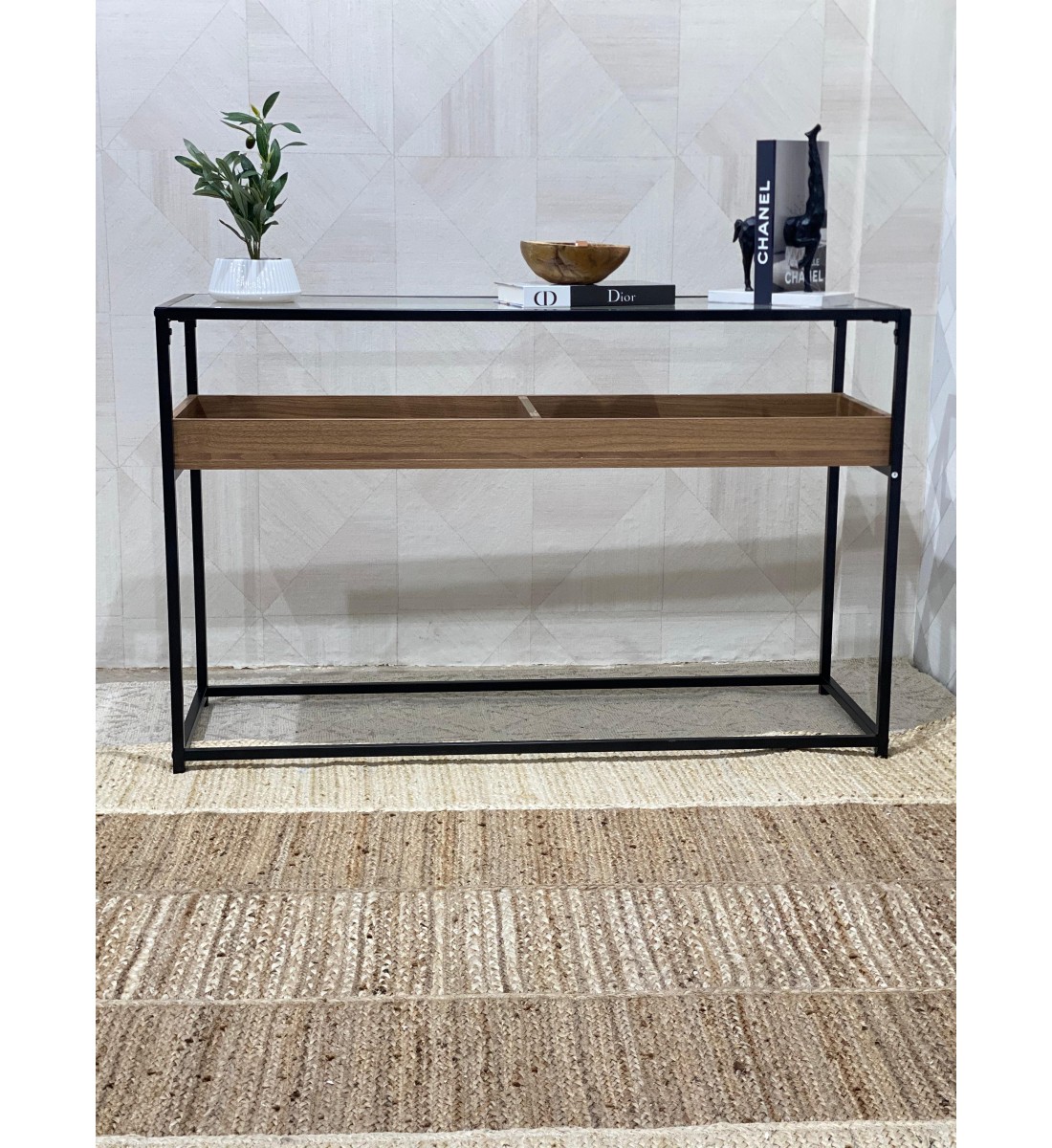 مدخل كونسول خشب على سطح زجاج120×40×76سم مدخل كونسول خشب على سطح زجاج120×40×76سم