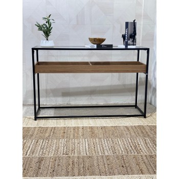 Wooden console entrance on a glass surface, 120 x 40 x 76 cm