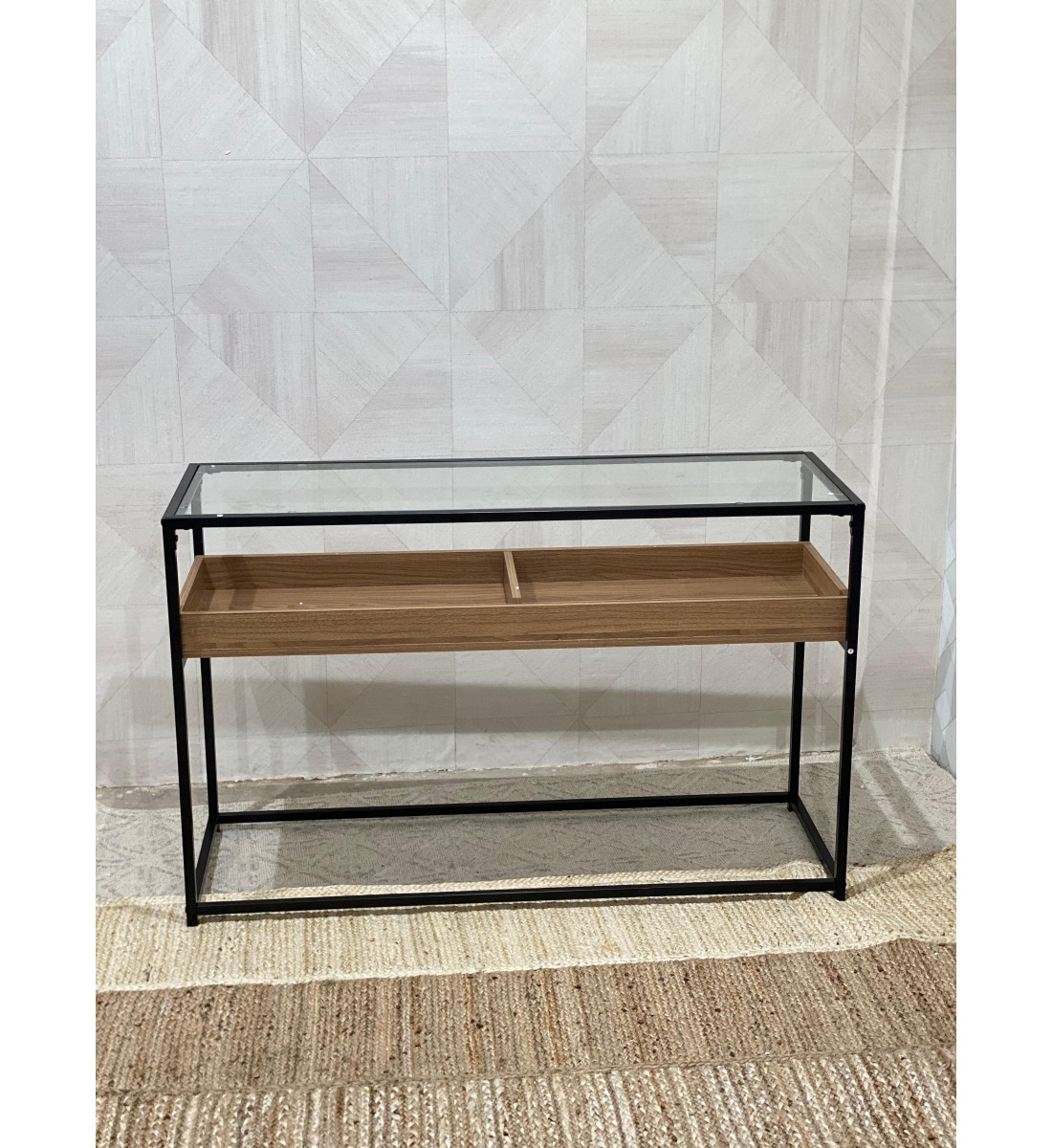مدخل كونسول خشب على سطح زجاج120×40×76سم مدخل كونسول خشب على سطح زجاج120×40×76سم