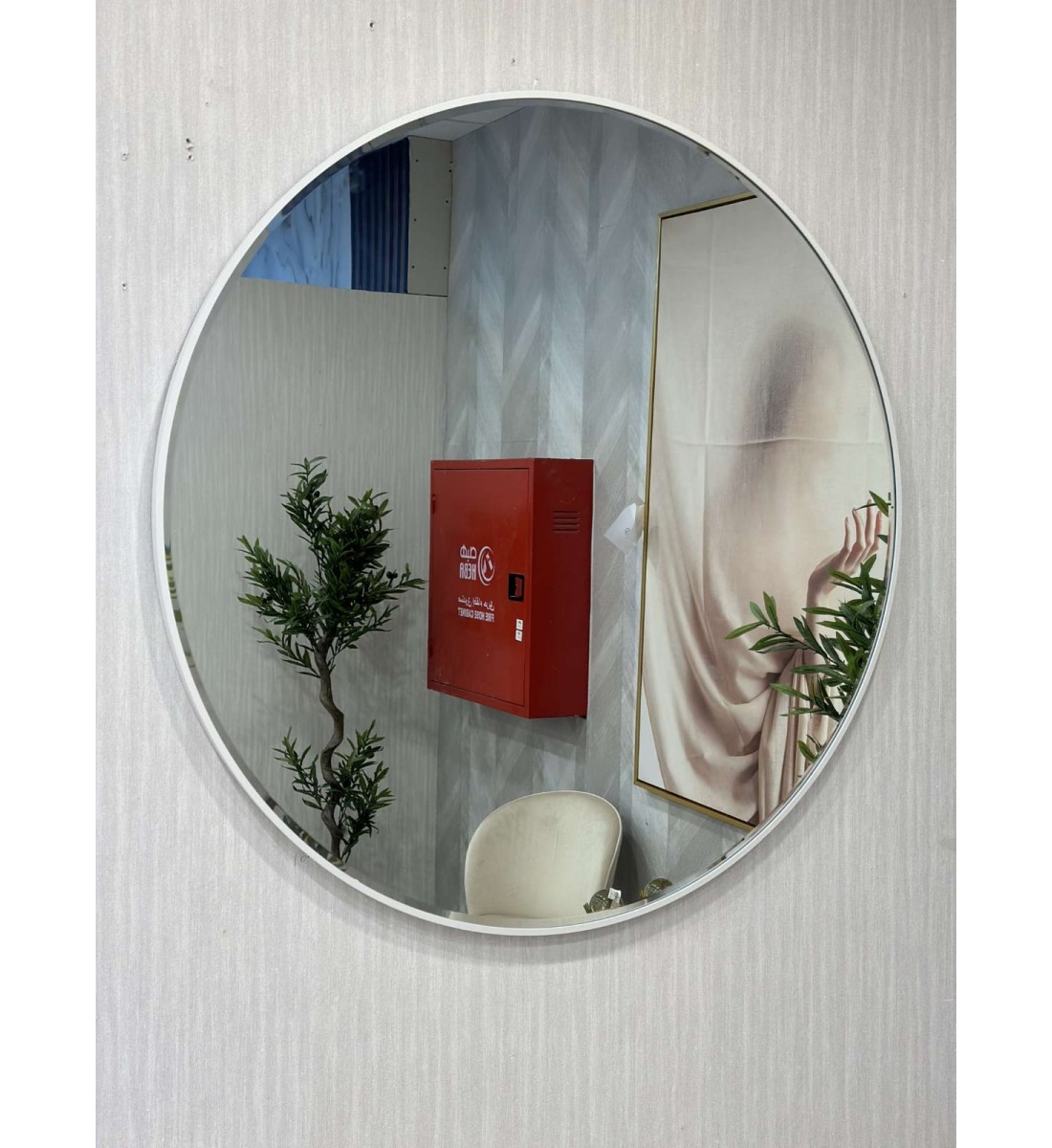 Circular hanging mirrors with a steel frame, white, 90 cm