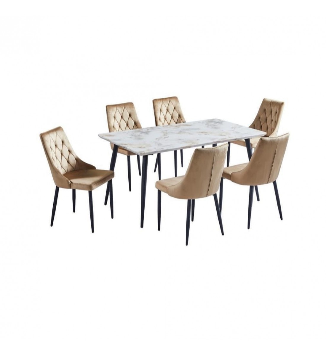 Wooden top dining table with 6 chairs, beige color, size 150*90*75 cm