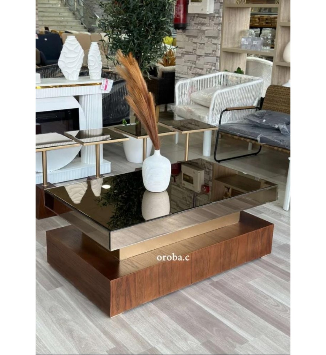 طقم طاولة خدمة خشبي سطح مرايا مستطيل 7 قطعة 