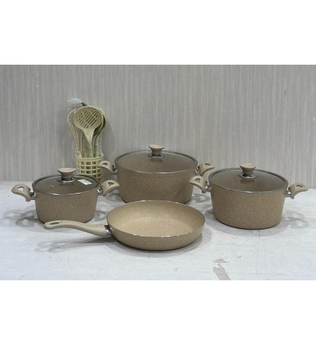 Turkish granite cookware set with cream-colored glass lid, 14 pieces