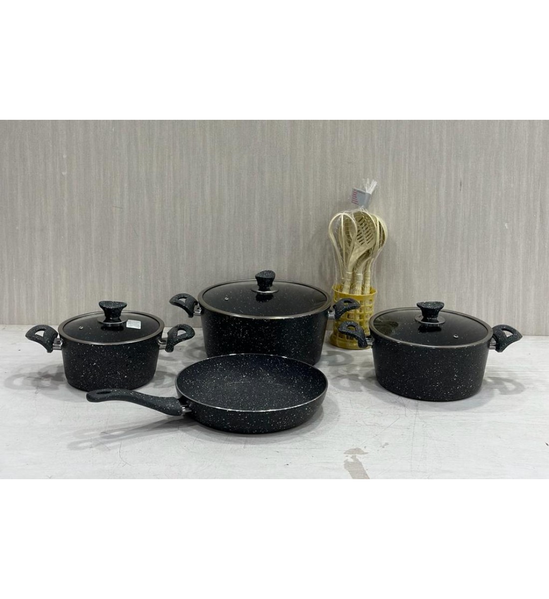 Turkish granite cookware set with gray glass lid, 14 pieces