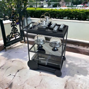 عربية تقديم حديد 3دور الرف الوسط زجاج بكفرات سهلة الحركة لون اسود المقاسات 80*50*95 سم