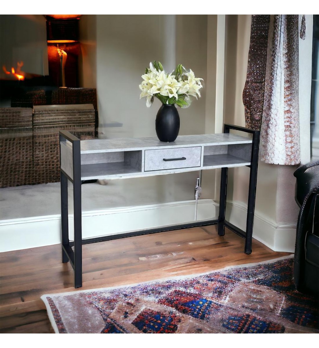 Beautiful and elegant wooden entrance with iron base and gray base, 83 x 31 x 120 cm