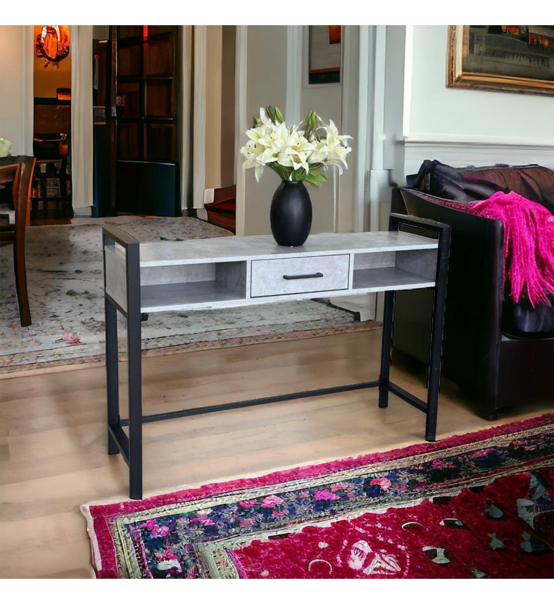 Beautiful and elegant wooden entrance with iron base and gray base, 83 x 31 x 120 cm