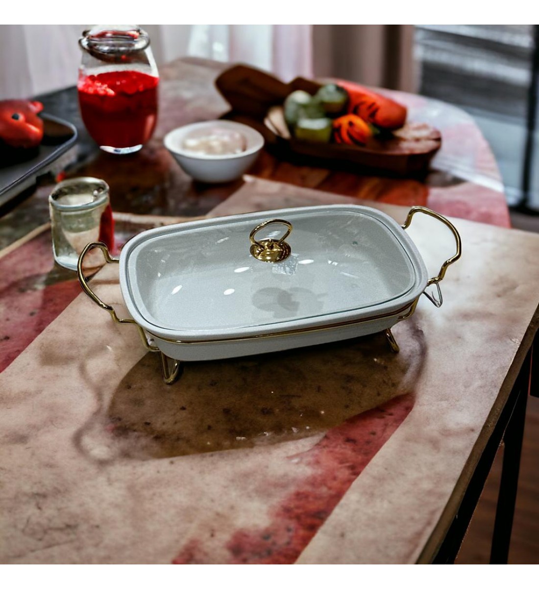 سخان بوفية صحن تقديم سيراميك لتسخين الطعام مزود بغطاء بتصميم فريد ممي11×24×36سم 