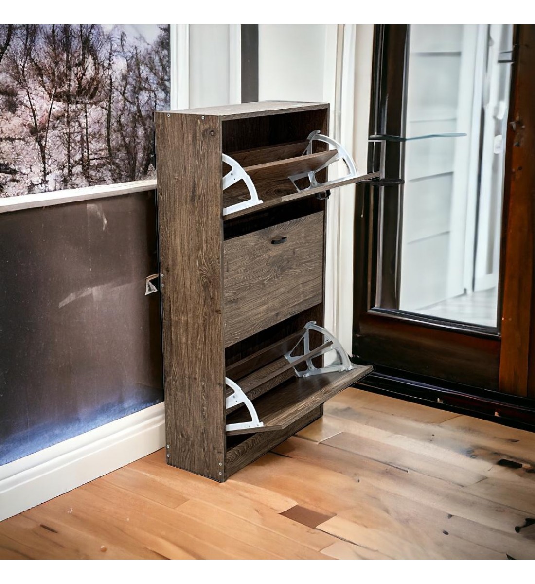 خزانة لتنظيم الاحذية خشبية بثلاث طبقات مع 3ادراج   من ليفينج، مقاس 63 × 24 × 115 سم