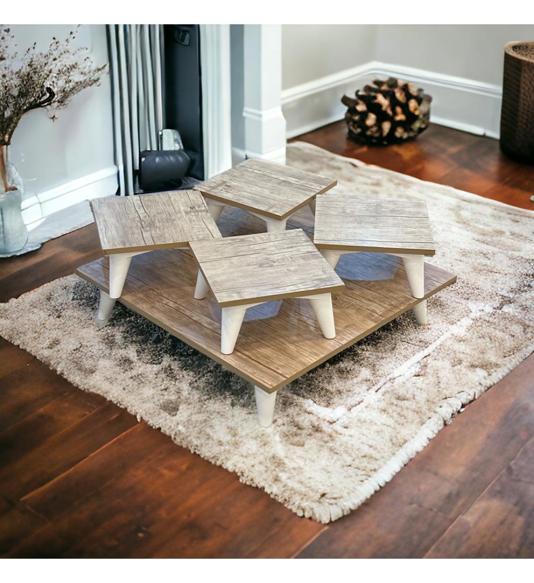 طقم طاولات خدمة 5 قطع خشب و ارجل خشب ابيض طقم طاولات خدمة 5 قطع خشب و ارجل خشب ابيض