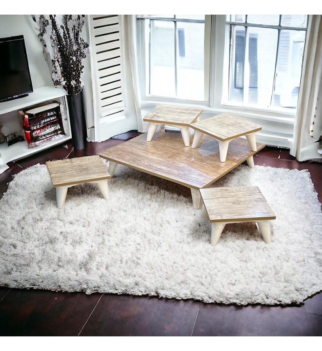 طقم طاولات خدمة 5 قطع خشب و ارجل خشب ابيض طقم طاولات خدمة 5 قطع خشب و ارجل خشب ابيض