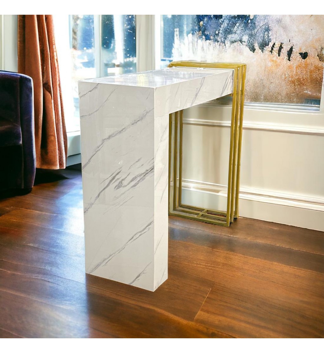 White and gold marble alternative entrance table, new and elegant shape (88 x 30 x 75 cm).