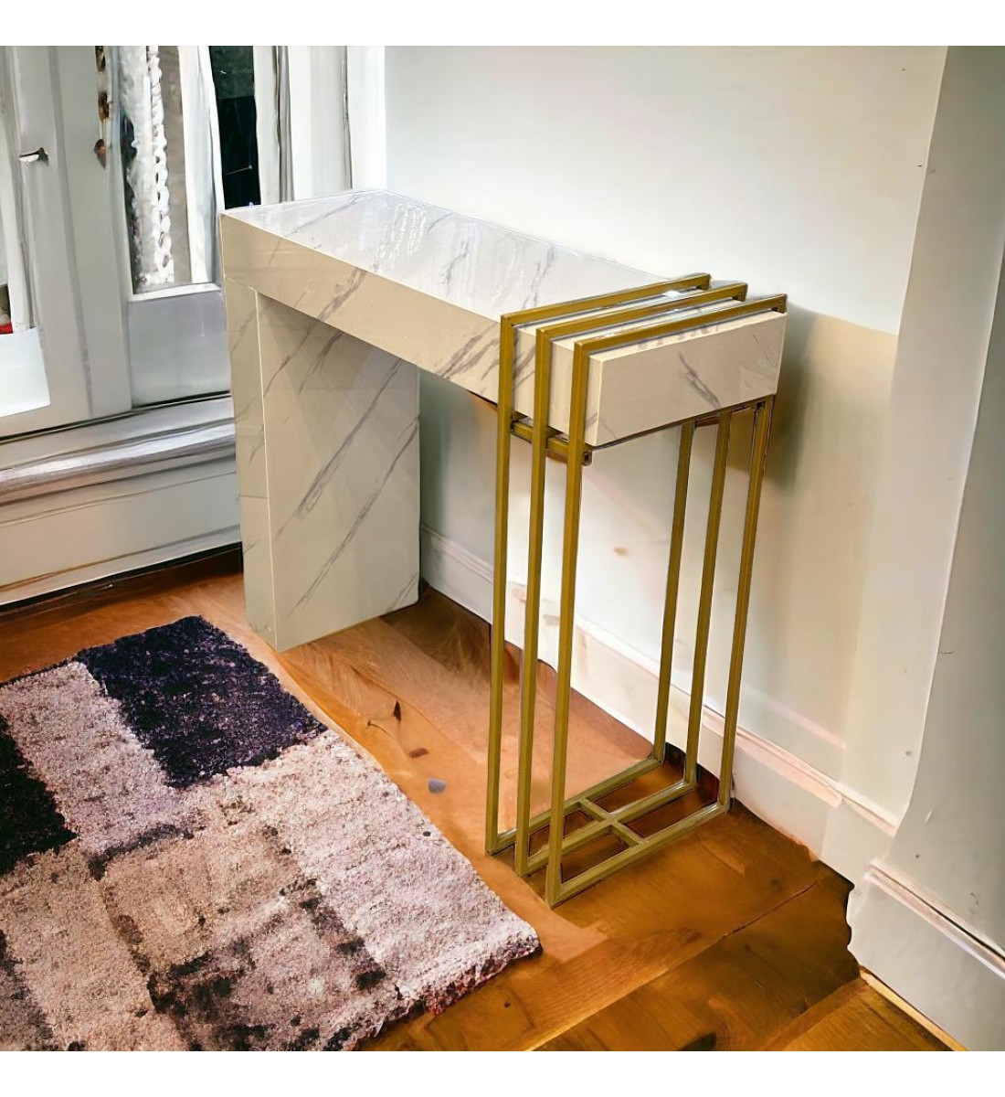 White and gold marble alternative entrance table, new and elegant shape (88 x 30 x 75 cm).