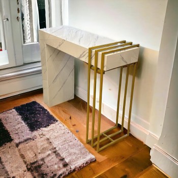 طاولة مدخل بديل رخام ابيض علي ذهبي شكل جديد وانيق (88×30×75سم